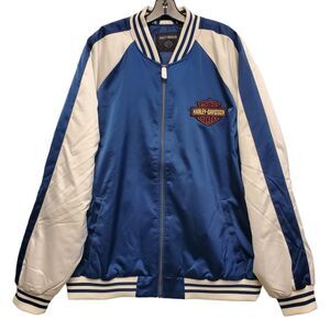 HARLEY DAVIDSON Jacket Adult XL Blue White Embroidered Logo Spell Out Bomber
